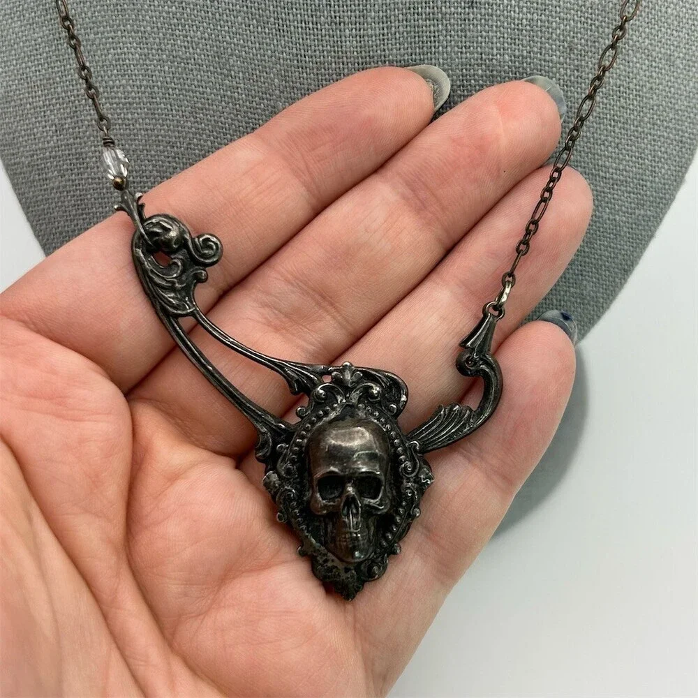 Gothic Skull Pendant Necklace Dark Romantic Victorian Style Statement 19 inches - Picture 5 of 11